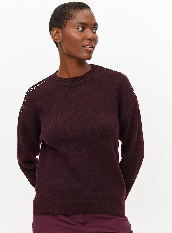 Burgundy Embellished Shoulder Crew Neck Jumper 10